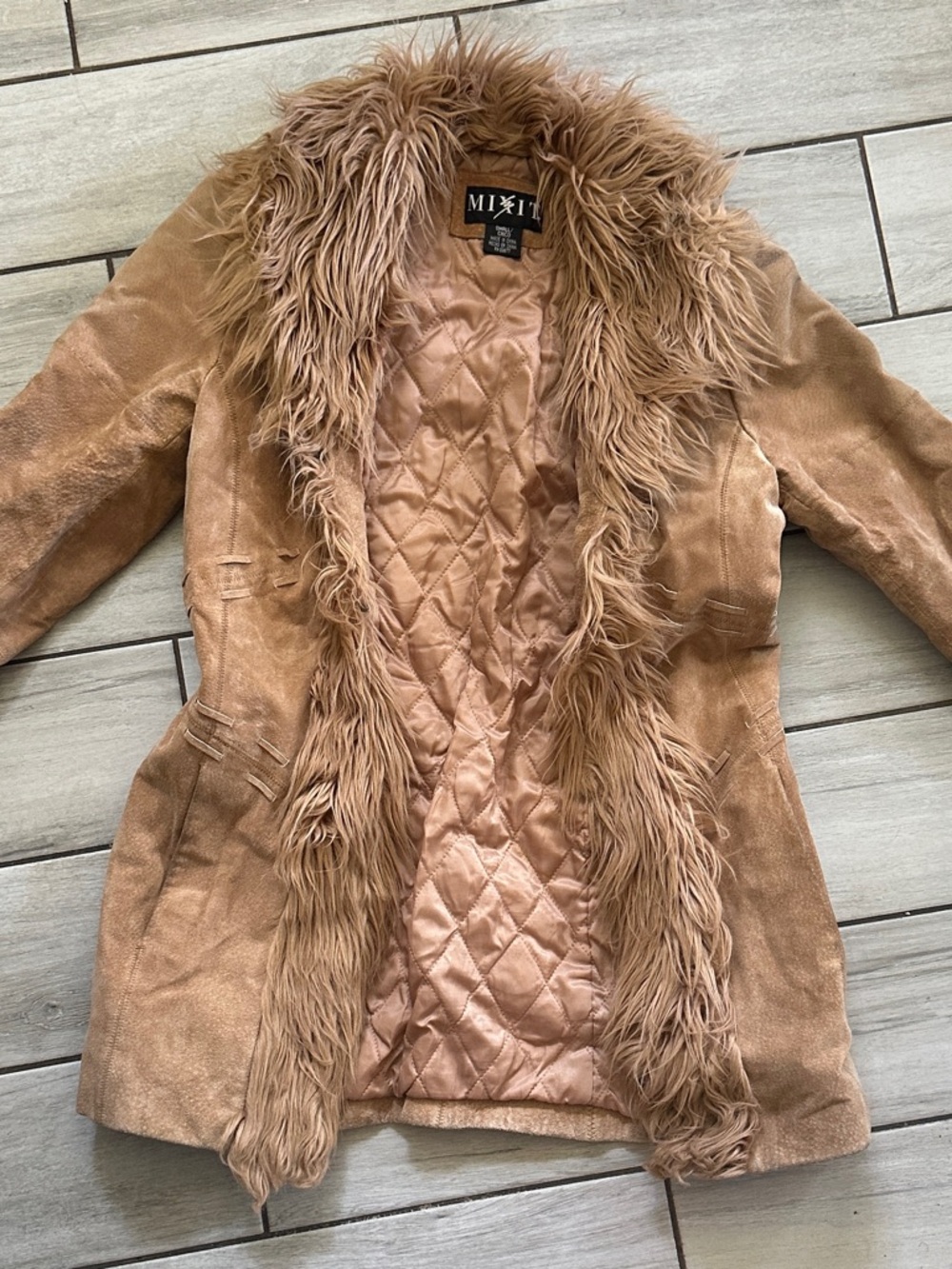 Mixit Camel Penny Lane Suede Coat with Plush Faux-Fur Trim